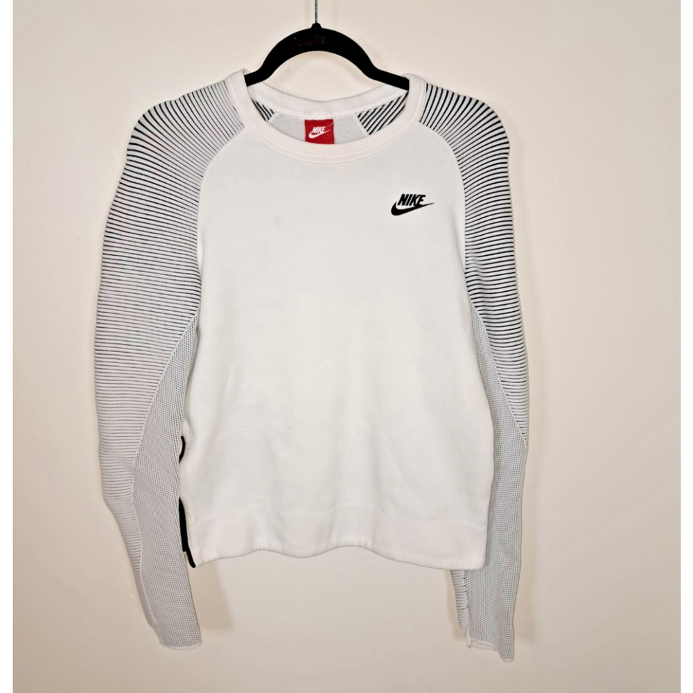 Nike Sweatshirt Size Small White Tech Fleece Ribbed Long Sleeve Crew Neck